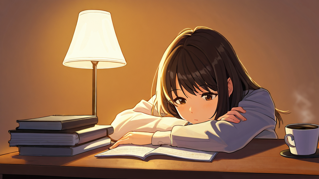 Student studying late at night with desk lamp and coffee