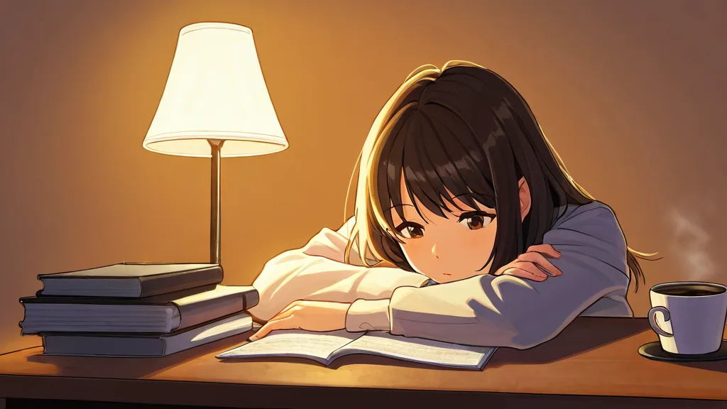 Student studying late at night with desk lamp and coffee